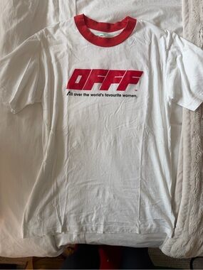 Off-White White Tee with Red Logo and Red Collar